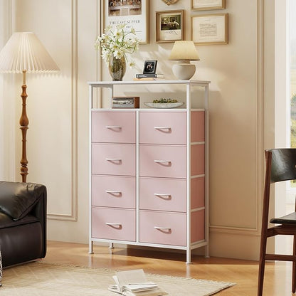 DUMOS TV Stands for Living Room with 8 Drawers, Tall 8-Drawer Chest of Drawers with Raised Shelf, Storage Tower with Fabric Bins for Organization, Hallway Storage, Pink