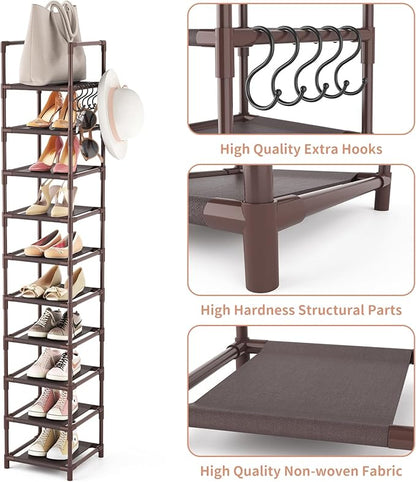 Tall Shoe Rack 10-Tier Narrow Shoe Shelf Storage for 10-15 Pairs Shoe and Boot, Sturdy Shoe Storage Space Saving Corner Shoe Rack Organizer for Closet, Entryway, Living Room, Brown