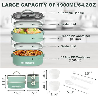 Lunch Box, Stackable 2 Layers Containers, Portable 64OZ Large Capacity Leakproof Bento Box with Spoon & Fork & Sauce Boxes, Microwave Safe Lunch Box for Kids and Adults