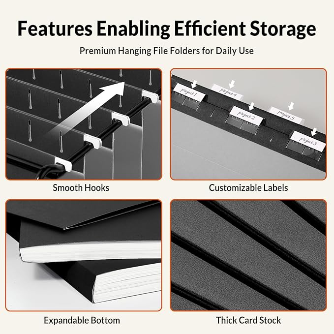 SUNEE 25 Pack Hanging File Folders, Black Folders, Hanging File Folders Letter Size with 1/5-cut Tabs, Stay Organized for Your Home and Office Bulk File and Documents