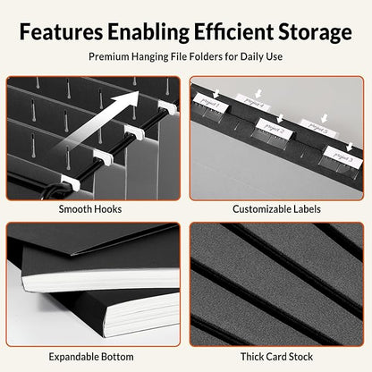 SUNEE 25 Pack Hanging File Folders, Black Folders, Hanging File Folders Letter Size with 1/5-cut Tabs, Stay Organized for Your Home and Office Bulk File and Documents