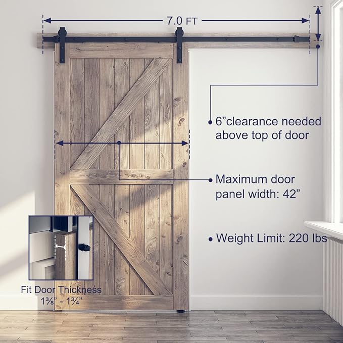 SMARTSTANDARD 7FT Sliding Barn Door Hardware Kit, Heavy Duty Track-Smoothly and Quietly-Includes Detailed Installation Instruction Fit 42" Wide Doorpanel (J Shape Hanger) Black