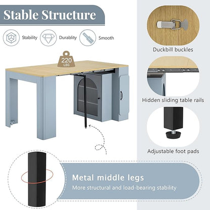 Extendable Dining Table with Storage Cabinet, 15.6" to 59" Rolling Kitchen Island Table with Power Outlet & LED Lights, Space Saving Dining Table for Small Spaces, Blue