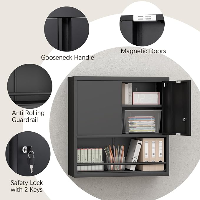 LUCYPAL Garage Storage Cabinet with Locking Doors and Adjustable Shelves,Black Metal Wall Cabinets for Garage,Steel Upper Storage Cabinet for Warehouse/Basement/Home Office