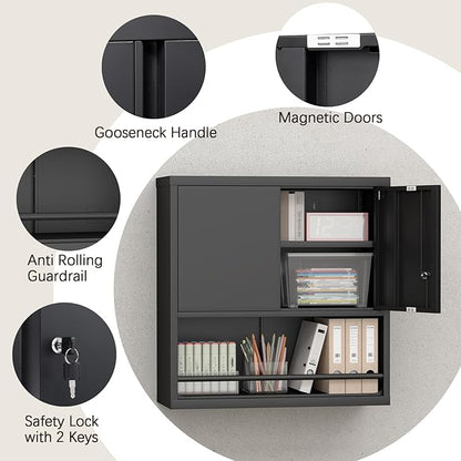 LUCYPAL Garage Storage Cabinet with Locking Doors and Adjustable Shelves,Black Metal Wall Cabinets for Garage,Steel Upper Storage Cabinet for Warehouse/Basement/Home Office