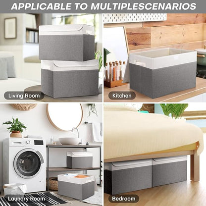 Large 17" 42 Quarts Collapsible Stackable Storage Bins with Lids [3-Pack] Foldable Fabric Linen Storage Boxes Cube, Closet Organizer Baskets with Label (16.7 x 12 x 12, Gray & White)