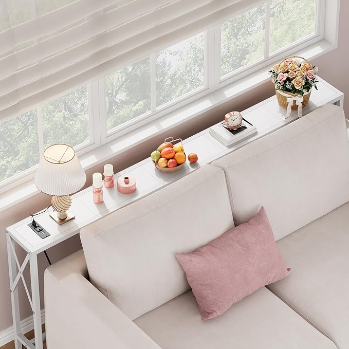 70 in Skinny Sofa Table Behind Couch, Console Table with Oulets & USB Ports for Hallway, Entryway,Living Room, Bedroom, White
