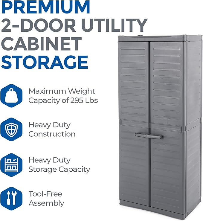 Gracious Living 3-Shelf Base Cabinet, MaxIt Lockable Utility Storage with Adjustable Shelves for Garage, Basement, Workshop, Grey - Large
