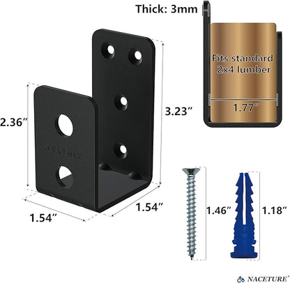 2 Pack Black Door Barricade Brackets – Heavy Duty 2x4 U Bracket Door Brace Reinforcement Plates with Screws, Wall Mount Security Bar Holder for Front Door Safety, Anti-Rust Steel, Easy Install