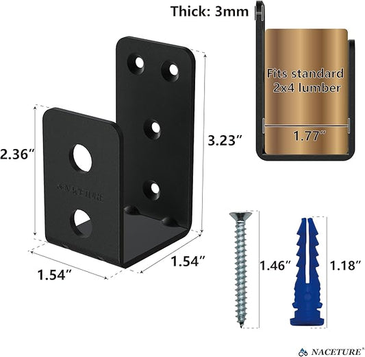 2 Pack Black Door Barricade Brackets – Heavy Duty 2x4 U Bracket Door Brace Reinforcement Plates with Screws, Wall Mount Security Bar Holder for Front Door Safety, Anti-Rust Steel, Easy Install