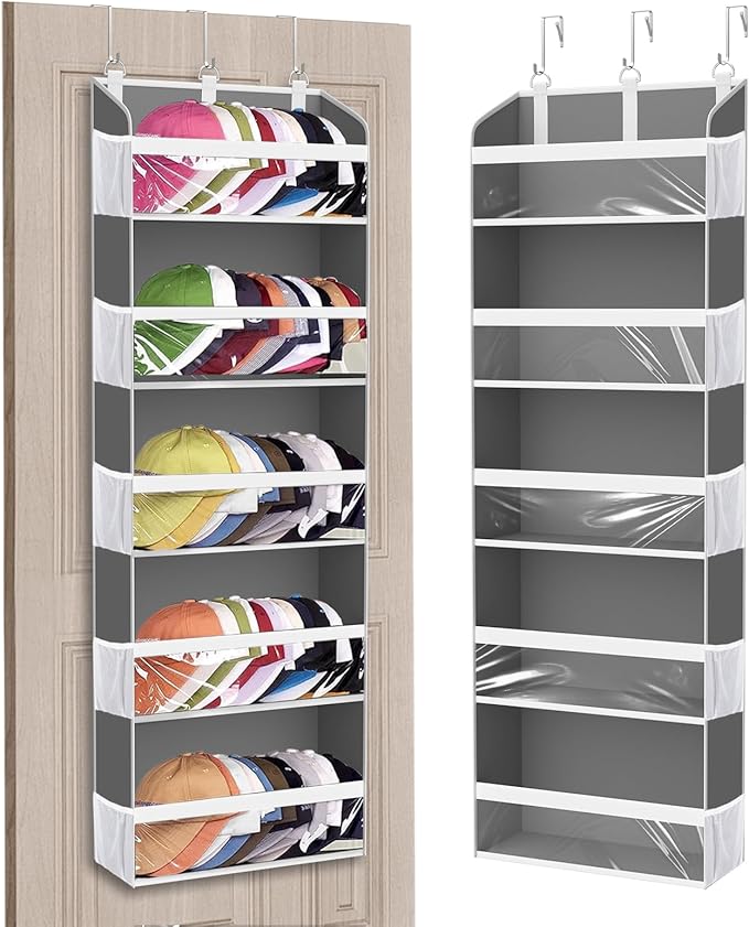Over the Door Hat Organizer & Rack - Holds 60 Baseball Caps, Hat Storage for Closet Door Wall with 10 Clear Mesh Pockets, Grey