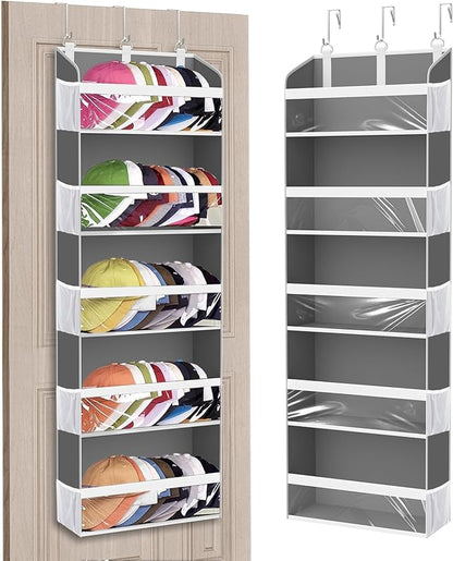 Over the Door Hat Organizer & Rack - Holds 60 Baseball Caps, Hat Storage for Closet Door Wall with 10 Clear Mesh Pockets, Grey