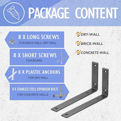 CLT Black Shelf Bracket, 6” X 4” Quarter Inch (1/4") Thick- Max Load: 330 lb Rustic Industrial Modern Farmhouse Heavy Duty Cold Rolled Steel Bracket for Table Bench, Space Saving DIY, Pack of 4