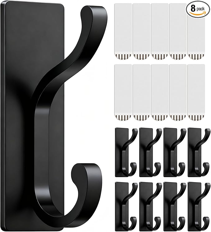 pickpiff Wall Hooks with Adhesive Strip - Easy to Remove, No Residue, Strong Heavy Duty Sticky Towel Hook, 8 Pack Black