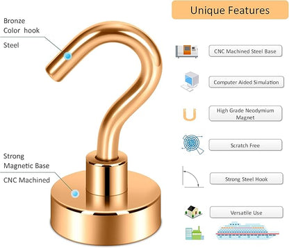 Neosmuk Magnetic Hooks, Cruise Ship Essentials, 30lb+ Heavy Duty Magnetic Hooks for Cruise Cabins, Refrigerator, Grill, Hanging, and Travel | Extra Strong Must-Haves Magnet Hook,Bronze,5 Pack