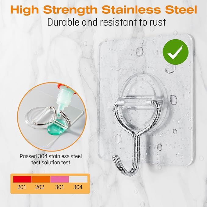 Adhesive Wall Hooks for Hanging Heavy Duty 33lb(Max), Waterproof and Rustproof Transparent Self Adhesive Hooks for Bathroom Kitchen Outdoor and Home Improvement -24 Pack