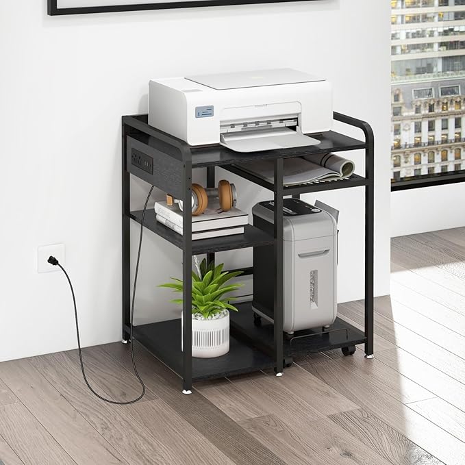 Livofloral Printer Stands with Charging Station, 23.6 x 18.9 Inch Large Printer Stand with Storage for Home Office, Printer Table with Power Outlet USB Port, Printer Shredder Stand with Wheels, Black