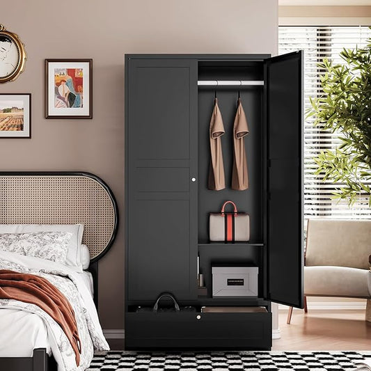Letaya Wardrobe Closet,72" H Clothing Metal Storage Cabinet with Storage Drawer Adjustable Shelves and Hanging Rod,Bedroom Armoire Cabinet Clothes Organizer (Black) | Storage Drawer, Adjustable Shelves, Hanging Rod, Armoire Cabinet, Clothes Organizer