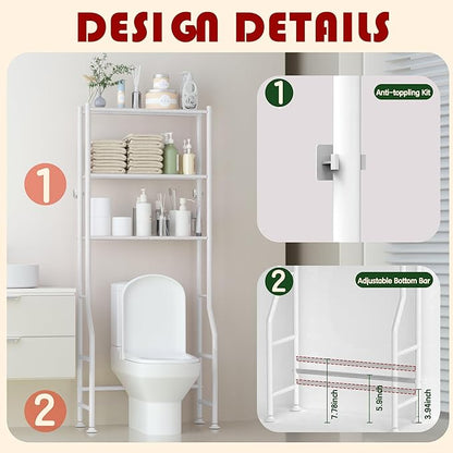 3-Tier Over Toilet Storage Rack, Metal Over Toilet Bathroom Organizer Shelf, Freestanding Space Saver Storage Shelves for Bathroom/Laundry/Living Room (White)