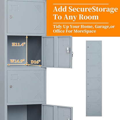 Metal Locker with 6 Doors, 71" Lockers for Employees Steel Storage Locker, Lockable Locker Cabinet for School, Gym, Home Office and Garage（Grey）