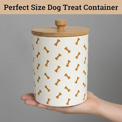 Dog Treat Container Airtight - 5 Inch Wide x 6.4 Inch Tall Ceramic Dog Treat Jar for Kitchen Counter with Airtight Bamboo Lid - 4 Cup Capacity Pet Treats Container - Doggie Cookie Jar Treats Canister