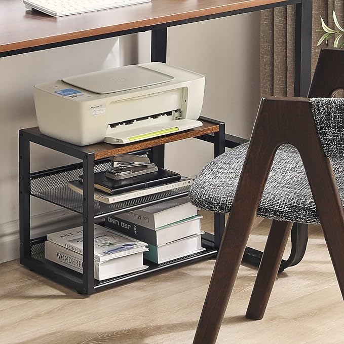 YMYNY Desktop Printer Stand, 3 Tiers Desk Organizer with Adjustable Storage Shelves, Multi-Purpose Printer Shelf for Home Office, Fax Machine, Scanner, Files, Books, Rustic Brown, UHPT001H