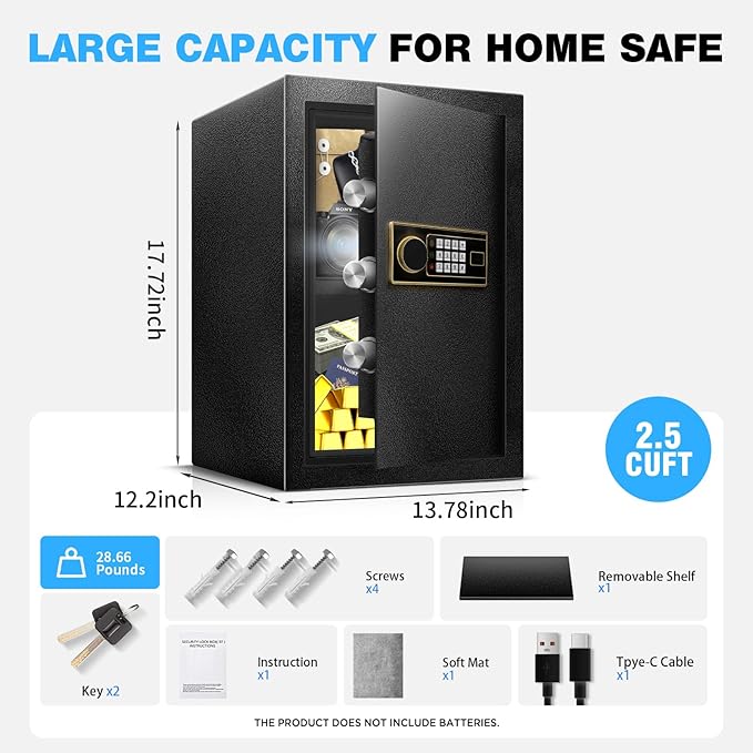 2.2 Cu Ft Safe Box for Home - Steel Lock Box for Office & Home Security, Digital Electronic Keypad, Alarm System & Removable Shelf, Safety Box for Documents Money Jewelry Gun Laptop