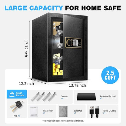 2.2 Cu Ft Safe Box for Home - Steel Lock Box for Office & Home Security, Digital Electronic Keypad, Alarm System & Removable Shelf, Safety Box for Documents Money Jewelry Gun Laptop