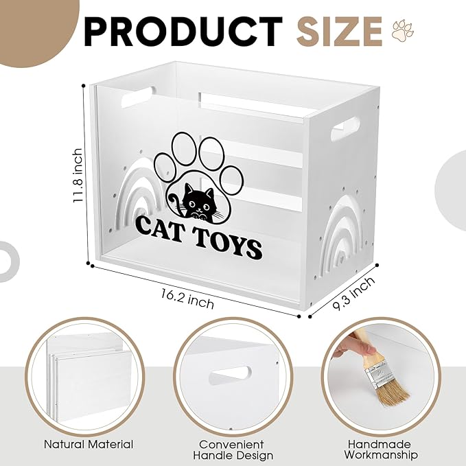 Large Cat Toy Basket Cat Toy Box Wooden Storage Bin with Acrylic Board Storage Box for Puppy Toys Pet Food and Accessories Organizer Holder Basket for Living Room Area(White, Cat)