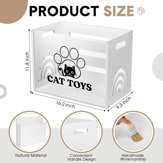 Large Cat Toy Basket Cat Toy Box Wooden Storage Bin with Acrylic Board Storage Box for Puppy Toys Pet Food and Accessories Organizer Holder Basket for Living Room Area(White, Cat)