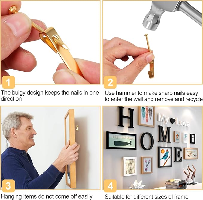 304 Pieces Picture Hanging Kit, 10lb, 30lb, 50lb and 100lb Picture Hangers, Metal Picture Hanging Hooks with Nails, on Drywall, Wooden Wall(Gold)