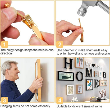 304 Pieces Picture Hanging Kit, 10lb, 30lb, 50lb and 100lb Picture Hangers, Metal Picture Hanging Hooks with Nails, on Drywall, Wooden Wall(Gold)