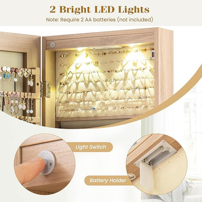 Giantex Wall or Door Mounted Jewelry Armoire with 47.5" Full Length Mirror, Lockable Cabinet with 2 LED Lights, 2 Drawers, Over the Door Large Jewelry Storage Organizer (Light Oak)