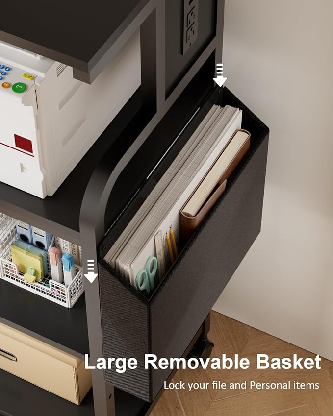 Tall Printer Stand with Storage Adjustable Shelf and Bag, 4-Tier Large Printer Table with Charging Station for Home Office, Printers Cart with Wheels for 3D Shredder Scanner Fax (Black)