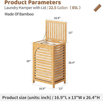 FILWH Laundry Hamper with Lid (16.9 * 13 * 26.5inches) Large Bamboo Laundry Bin Basket 85L Clothes Hamper with 1 Removable Bag Storage baskets for Bathroom(Natural)