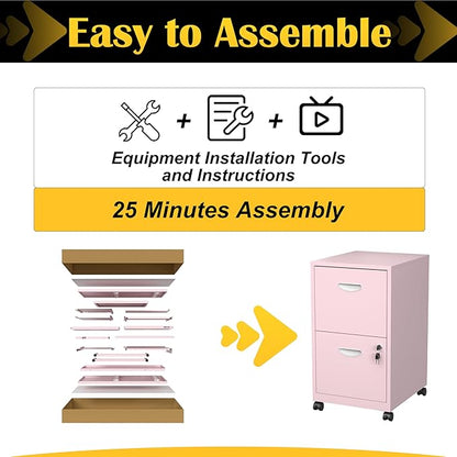 2 Drawer File Cabinet with Lock，Pink Rolling File Cabinet for Home Office, Metal Small Mobile Filing Cabinets on Wheels for Hanging Letter
