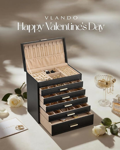Vlando 6 Layer Large Jewelry Box - Jewelry Holder Organizer, Jewelry Box Organizer for Drawer Necklace Ring Bracelet and Watch, Birthday Gift for Loved Ones - Black