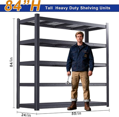 Heavy Duty Storage Shelves 24" D x 55" W x 84" H, 3050 lbs Metal Shelving Rack, Garage Storage Shelf, Estantes de Almacenamiento, Black Basement Shelving Unit, Adjustable Garage Rack