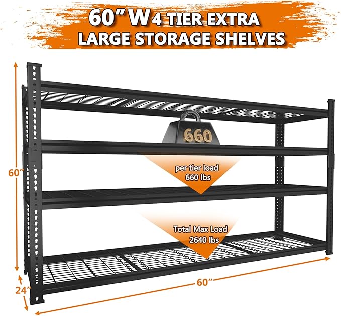 Storage Shelves Heavy Duty, 60" L x 24" W x 60" H Garage Wire Shelving Unit Loads 2640LBS, 4-Tier Adjustable Metal Industrial Utility Shelf Rack for Kitchen, Laundry Room, Pantry, Warehouse, Basement
