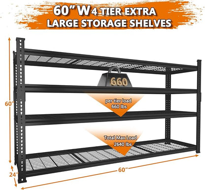 Storage Shelves Heavy Duty, 60" L x 24" W x 60" H Garage Wire Shelving Unit Loads 2640LBS, 4-Tier Adjustable Metal Industrial Utility Shelf Rack for Kitchen, Laundry Room, Pantry, Warehouse, Basement