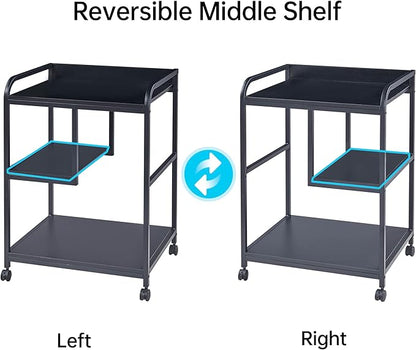 Printer Stand with Storage Shelf for Home Office Organization, 22 x 18 Inch Large Printer Table with Wheels, Shredder Stand, CPU Stand, Rolling Cart for Host Computer, PC Tower, Desktop- Black
