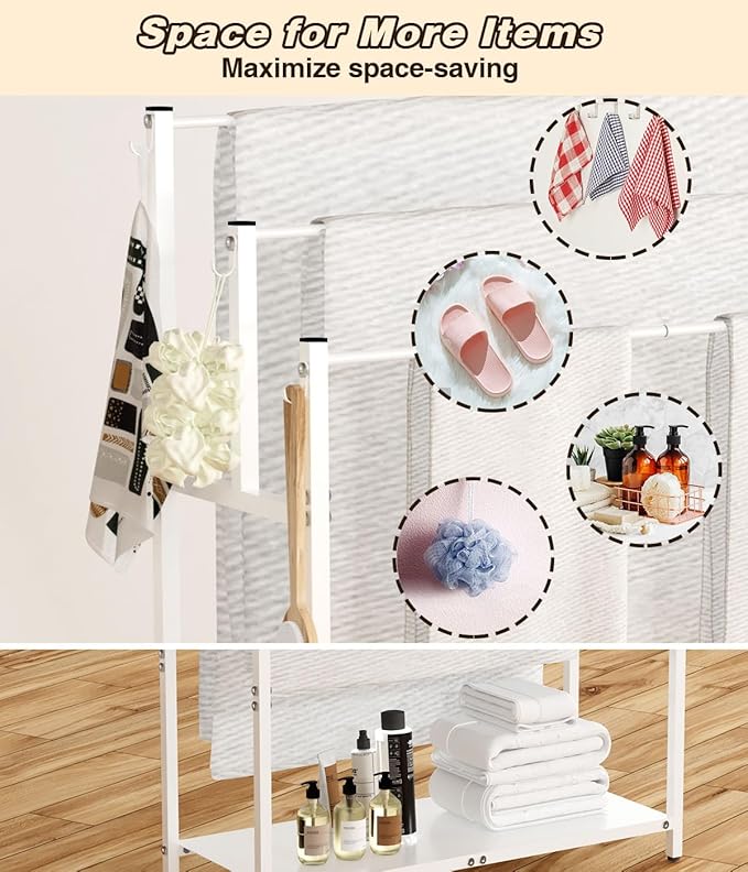 44” Tall Free Standing Towel Racks with 6 Hooks for Bathroom, 3 Tiers Oversized Pool Bath Towels Drying Stand, Metal Blanket Ladder Holder with Storage Shelf for Bedroom Living Room, White