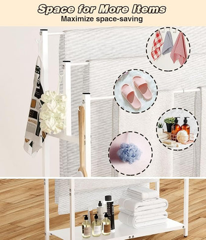 44” Tall Free Standing Towel Racks with 6 Hooks for Bathroom, 3 Tiers Oversized Pool Bath Towels Drying Stand, Metal Blanket Ladder Holder with Storage Shelf for Bedroom Living Room, White