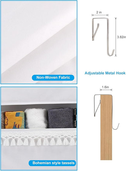 Over the Door Organizer - Boho Nursery Hanging Organizer with Tassels -Oxford Behind Door Storage for Bedroom, Bathroom, Closet, Dorm, Pantry, Diapers, 4 Shelves, White