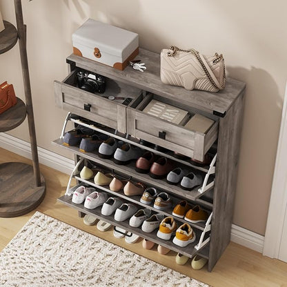 Shoe Cabinet with 2 Flip Drawers & 2 Drawers,Farmhouse Shoe Storage Cabinet for Entryway,Slim Freestanding Narrow Organizer Rack for Front Door Entrance,Grey