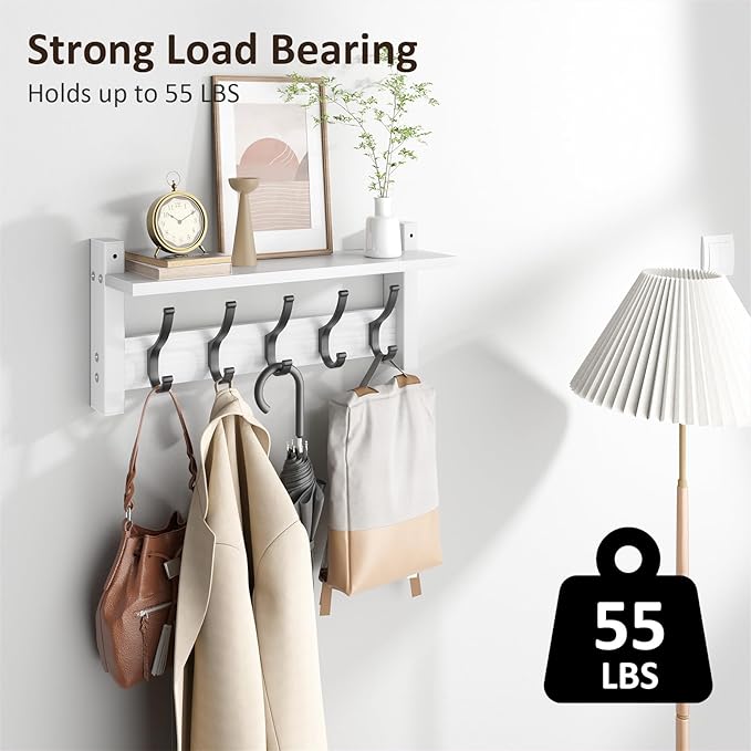 Coat Rack Wall Mount with Shelf, 17.1 Inch Coat Hanger Walls Mounted, Hat Rack for Walls, Shelf with 5 Coat Hooks, Wall Hanger for Entryway (White)