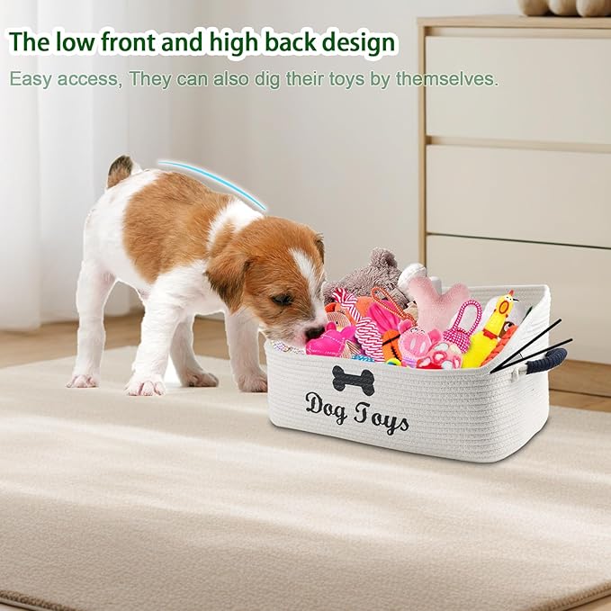 Dog Toy Basket-100% Cotton Rope Dog Toy Bin for Living Room Area-Trapezoid Pet Toys Box with Sturdy Handle-Puppy Bed-Dog Stuff Organizer for Toys,Collar,Leash,Blanket-Chew Proof-Beige