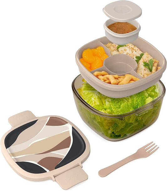 Bentgo Glass Prints Salad Container - 7.6-Cup Tinted Glass Salad Bowl with Airtight Lid, Leak-Proof Sauce Container, 4-Compartment Bento Meal Prep Tray & Reusable Fork (Inky Abstract - Neutrals)