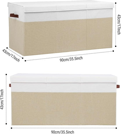 Extra Large Toy Storage Box with Lid, Sturdy Toys Storage Chest Bin Organizer Basket with Dividers for Kids, Boys, Girls, Nursery, Closet, Bedroom, Playroom 35.5"x17" x17" (Beige and White)