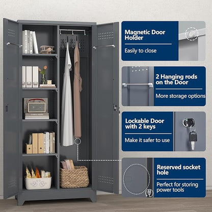 72.8" H Metal Garage Storage Cabinets, Metal Storage Cabinet with Hanging Rod & S-Hooks, Broom Closet Storage with Shelves, Functional Storage Cabinets for Garage, Warehouse, Grey